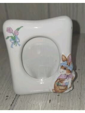 Vtg 80's Porcelain Easter Bunny Picture Frame Mini Floral Photos Rabbit Spring